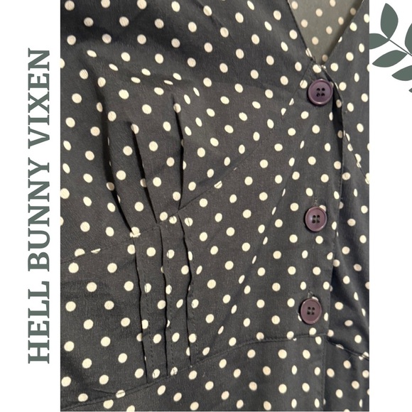 Hell Bunny Vixen Polka Dot Midi Dress Shirt Sleeve Dark Grey Black Size 18 (4x) - Picture 6 of 10